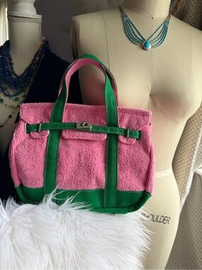 SUNWIN | Madaket Terry and Cotton Pink and Green Small Tote Handbag